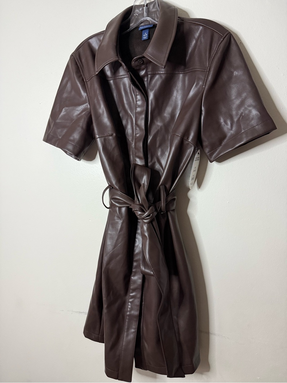 Scoop Faux Leather Collared Mini Shirt Dress.